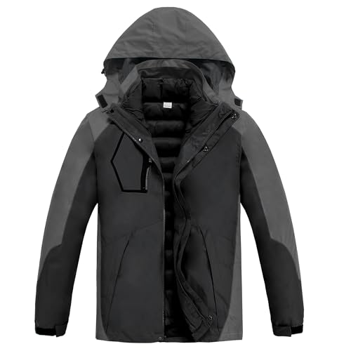 CorBuyit Men's 3 in 1 Waterproof Winter Ski Jacket - Windproof Snowboarding Jackets with Detachable Puffer Coat for Maximum Warmth and Comfort Black-Grey L