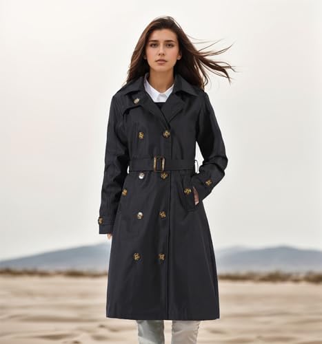 CorBuyit Trench Coats for Women, Double Breasted Mid-Length Belted Overcoat Long Dress Jacket with Detachable Hood Black L
