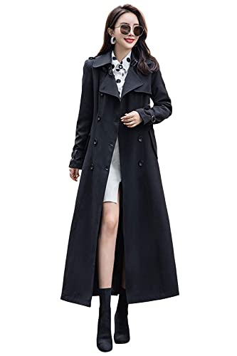 ebossy Women's Double Breasted Duster Trench Coat Slim Full Length Maxi Long Overcoat (Large, Black)