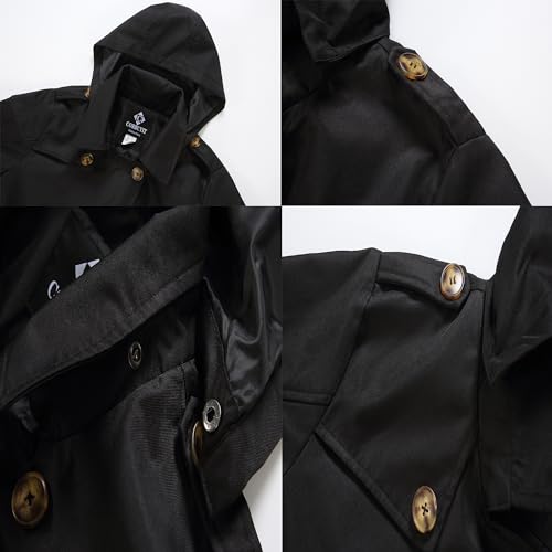 CorBuyit Trench Coats for Women, Double Breasted Mid-Length Belted Overcoat Long Dress Jacket with Detachable Hood Black L