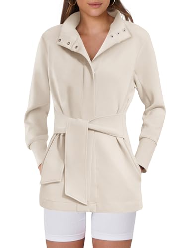 ANRABESS Women's Jacket Belted 2024 Fall Wrap Tie Trench Coat Casual Button Up Ladies Dressy Light Outerwear With Pockets Apricot X-Large