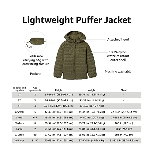 Amazon Essentials Boys' Lightweight Water-Resistant Packable Hooded Puffer Coat, Dark Grey Neon Yellow, Small