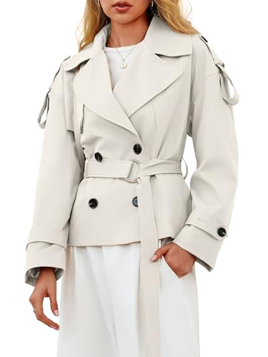 Tankaneo Womens Cropped Trench Coat Casual Double Breasted Short Jacket Fall Fashion Outerwear with Belt