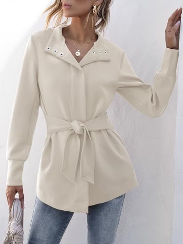 ANRABESS Women's Jacket Belted 2024 Fall Wrap Tie Trench Coat Casual Button Up Ladies Dressy Light Outerwear With Pockets Apricot X-Large