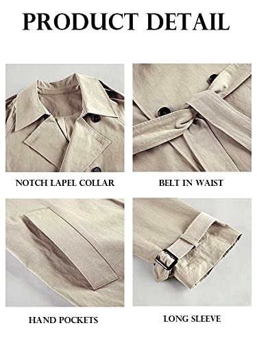 Makkrom Women's Double Breasted Long Trench Coat Windproof Classic Lapel Slim Overcoat with Belt