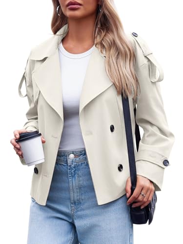 Tankaneo Womens Cropped Trench Coat Casual Double Breasted Short Jacket Fall Fashion Outerwear with Belt