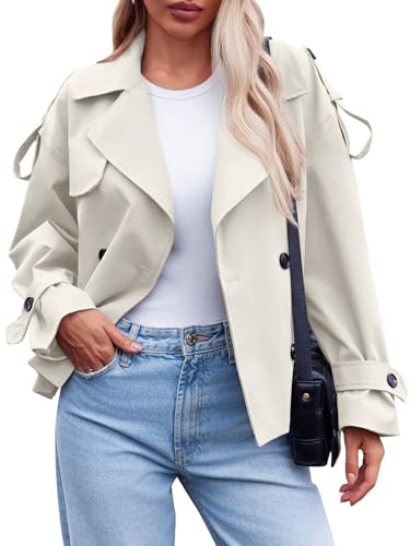 Tankaneo Womens Cropped Trench Coat Casual Double Breasted Short Jacket Fall Fashion Outerwear with Belt