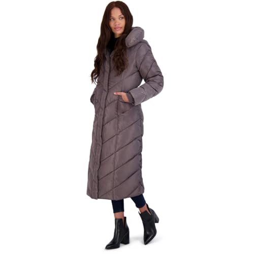Steve Madden womens Long Chevron Maxi Puffer down alternative outerwear coats, Titanium, Medium US