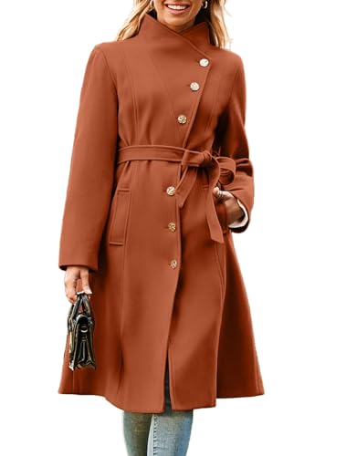 GRACE KARIN Womens Trench Peacoat 2024 Fall Winter Notch Lapel Single Breasted Belted Midi Long Peacoat with Pockets Caramel XL