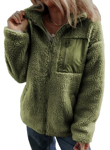 Dokotoo Womens Fleece Shacket Jackets Cute Warm Fall Winter Coats for Women Loose Fit Stand Neck Full Zipper Up Teddy Sherpa Jacket Coats Solid Comfy Soft Outerwear with Pockets Green XL