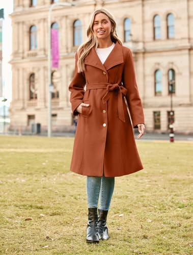 GRACE KARIN Womens Trench Peacoat 2024 Fall Winter Notch Lapel Single Breasted Belted Midi Long Peacoat with Pockets Caramel XL