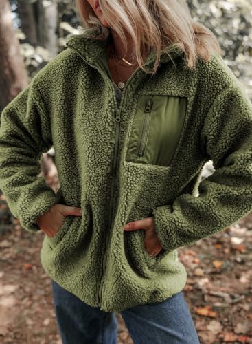 Dokotoo Womens Fleece Shacket Jackets Cute Warm Fall Winter Coats for Women Loose Fit Stand Neck Full Zipper Up Teddy Sherpa Jacket Coats Solid Comfy Soft Outerwear with Pockets Green XL