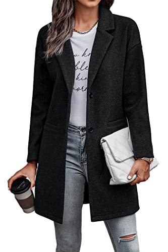 PRETTYGARDEN Women's 2024 Plaid Shacket Jacket Casual Button Wool Blend Winter Tartan Trench Coat With Pockets (Solid Black,X-Large)
