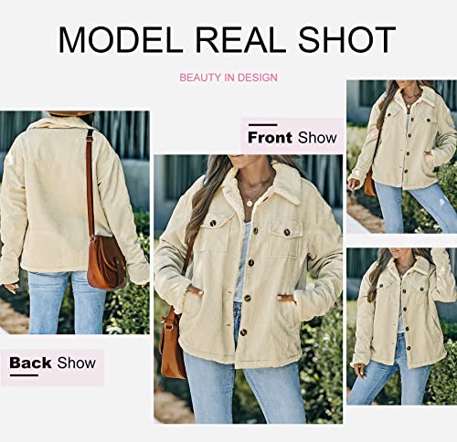 Dokotoo 2023 Fashion Trucker Shacket Jacket for Women Thick Sherpa Lined Fleece Fur Collar Button Down Long sleeve Outwear Winter Fall Warm Coat with Pocket Apricot M