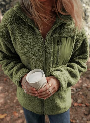Dokotoo Womens Fleece Shacket Jackets Cute Warm Fall Winter Coats for Women Loose Fit Stand Neck Full Zipper Up Teddy Sherpa Jacket Coats Solid Comfy Soft Outerwear with Pockets Green XL