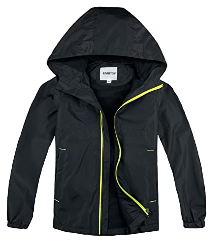 UMMTOM Boys Rain Jackets Lightweight Waterproof Hooded fleece Raincoats Windbreakers for Kids(8-9Y,Black Dark)