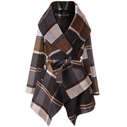 Chicwish Women's Turn Down Shawl Collar Open Front Long Sleeve Check Asymmetric Hemline Wool Blend Coat, Brown, Large