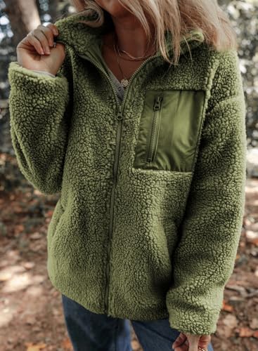 Dokotoo Womens Fleece Shacket Jackets Cute Warm Fall Winter Coats for Women Loose Fit Stand Neck Full Zipper Up Teddy Sherpa Jacket Coats Solid Comfy Soft Outerwear with Pockets Green XL
