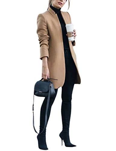 Kwoki Women's Stand Collar Open Front Pea Coat Casual Winter Warm Mid Long Blazer Trench Coats Overcoat Outerwear 0181-KhakiX1-S