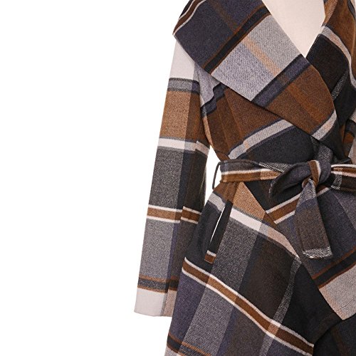 Chicwish Women's Turn Down Shawl Collar Open Front Long Sleeve Check Asymmetric Hemline Wool Blend Coat, Brown, Large