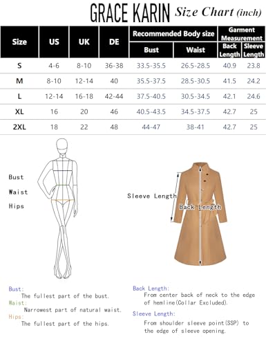 GRACE KARIN Womens Trench Peacoat 2024 Fall Winter Notch Lapel Single Breasted Belted Midi Long Peacoat with Pockets Caramel XL