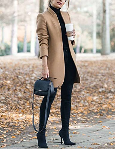 Kwoki Women's Stand Collar Open Front Pea Coat Casual Winter Warm Mid Long Blazer Trench Coats Overcoat Outerwear 0181-KhakiX1-S