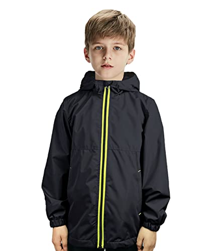 UMMTOM Boys Rain Jackets Lightweight Waterproof Hooded fleece Raincoats Windbreakers for Kids(8-9Y,Black Dark)