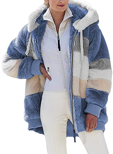 Dokotoo Womens Plus Size Fashion Color Block Patchwork Winter Fuzzy Warm Fleece Jacket with Hooded Casual Warm Open Front Long Sleeve Cardigans Zipper Coats for Women Outerwear with Pockets Blue 2XL