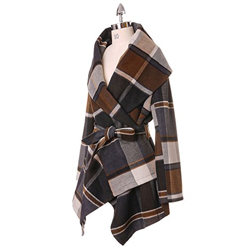 Chicwish Women's Turn Down Shawl Collar Open Front Long Sleeve Check Asymmetric Hemline Wool Blend Coat, Brown, Large