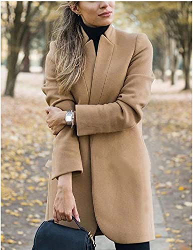 Kwoki Women's Stand Collar Open Front Pea Coat Casual Winter Warm Mid Long Blazer Trench Coats Overcoat Outerwear 0181-KhakiX1-S