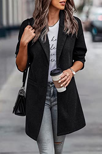 PRETTYGARDEN Women's 2024 Plaid Shacket Jacket Casual Button Wool Blend Winter Tartan Trench Coat With Pockets (Solid Black,X-Large)
