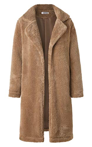 Angashion Women's Fuzzy Fleece Lapel Open Front Long Cardigan Coat Faux Fur Warm Winter Outwear Jackets Dark Camel S