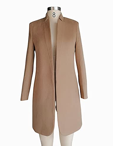 Kwoki Women's Stand Collar Open Front Pea Coat Casual Winter Warm Mid Long Blazer Trench Coats Overcoat Outerwear 0181-KhakiX1-S