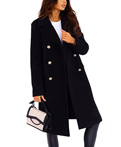 chouyatou Women's Winter Lapel Double Breasted Office Work Long Wool Pea Coat Overcoat (Medium, Black)