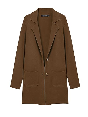 MEROKEETY Womens Open Front Cardigan Coat Long Sleeve Lapel Casual Knit Button Sweater Jackets with Pockets, Coffee, Medium