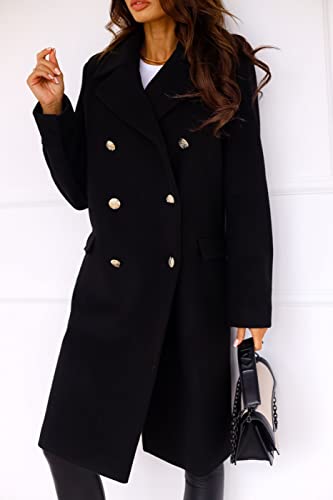 chouyatou Women's Winter Lapel Double Breasted Office Work Long Wool Pea Coat Overcoat (Medium, Black)