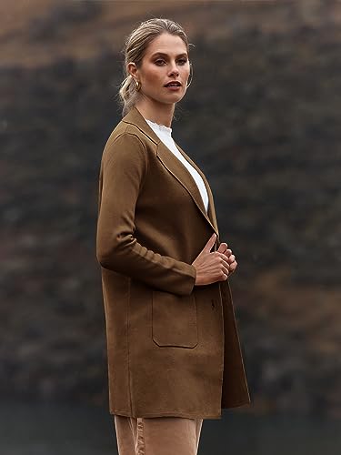 MEROKEETY Womens Open Front Cardigan Coat Long Sleeve Lapel Casual Knit Button Sweater Jackets with Pockets, Coffee, Medium