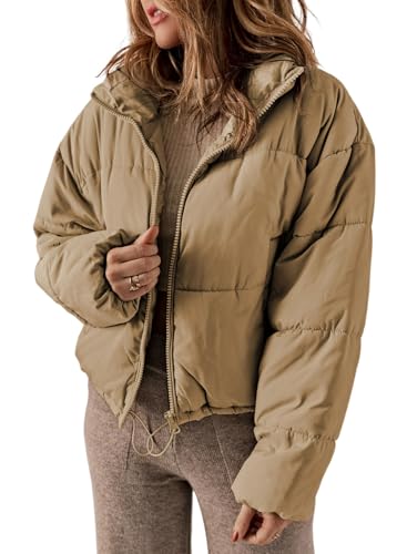 Dokotoo Womens Puffer Jackets Ladies Cute Warm Winter Coats for Women Oversized Stand Neck Full Zipper Up Drawstring Baggy Padded Jacket Coat Warm Comfy Soft Outerwear with Pockets Khaki M