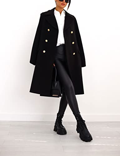 chouyatou Women's Winter Lapel Double Breasted Office Work Long Wool Pea Coat Overcoat (Medium, Black)