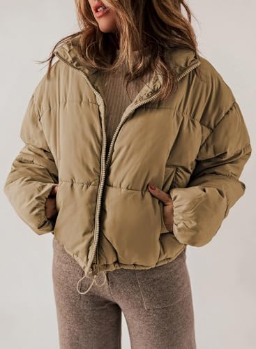 Dokotoo Womens Puffer Jackets Ladies Cute Warm Winter Coats for Women Oversized Stand Neck Full Zipper Up Drawstring Baggy Padded Jacket Coat Warm Comfy Soft Outerwear with Pockets Khaki M