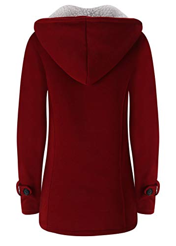 JiangWu Womens Fashion Horn Button Fleece Thicken Coat with Hood Winter Warm Jacket (Large, Wine-red)