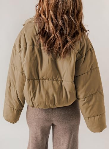 Dokotoo Womens Puffer Jackets Ladies Cute Warm Winter Coats for Women Oversized Stand Neck Full Zipper Up Drawstring Baggy Padded Jacket Coat Warm Comfy Soft Outerwear with Pockets Khaki M