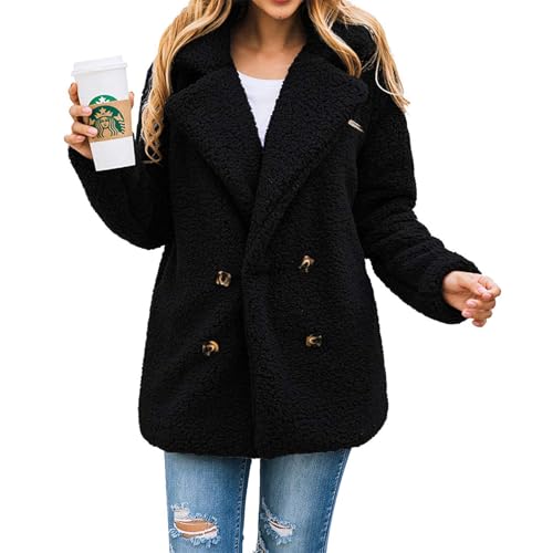 PRETTYGARDEN Women's Fashion Winter Coat Long Sleeve Lapel Button Faux Shearling Shaggy Oversized Shacket Jacket (Style Two Black,3X-Large)