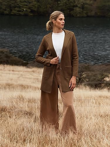 MEROKEETY Womens Open Front Cardigan Coat Long Sleeve Lapel Casual Knit Button Sweater Jackets with Pockets, Coffee, Medium