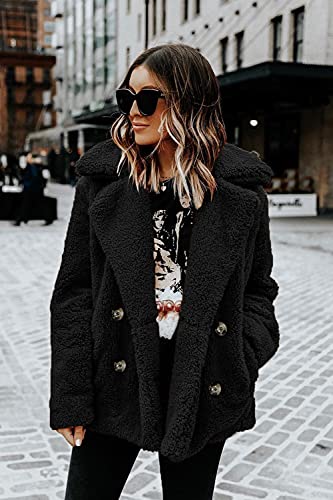 PRETTYGARDEN Women's Fashion Winter Coat Long Sleeve Lapel Button Faux Shearling Shaggy Oversized Shacket Jacket (Style Two Black,3X-Large)
