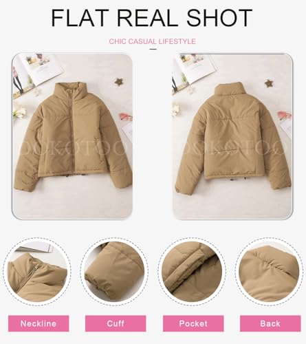 Dokotoo Womens Puffer Jackets Ladies Cute Warm Winter Coats for Women Oversized Stand Neck Full Zipper Up Drawstring Baggy Padded Jacket Coat Warm Comfy Soft Outerwear with Pockets Khaki M