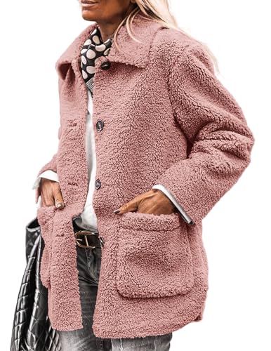 PRETTYGARDEN Women's Winter Faux Fur Coats Long Sleeve Lapel Button Down Pockets Fleece Sherpa Jacket Casual Trendy Outerwear (Pink,Medium)