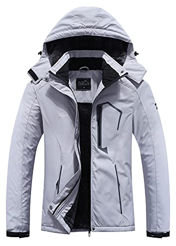 Pooluly Women's Ski Jacket Warm Winter Waterproof Windbreaker Hooded Raincoat Snowboarding Jackets Light Gray-2XL