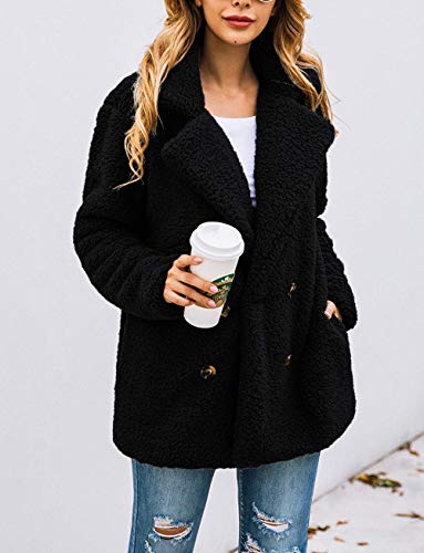 PRETTYGARDEN Women's Fashion Winter Coat Long Sleeve Lapel Button Faux Shearling Shaggy Oversized Shacket Jacket (Style Two Black,3X-Large)