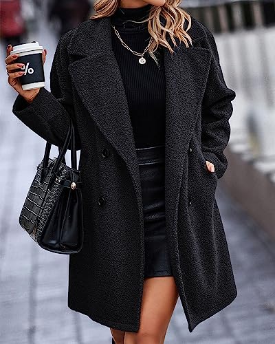 BTFBM Women 2024 Winter Faux Fur Coats Lapel Long Sleeve Fuzzy Fleece Outerwear Button Down Sherpa Jackets Fall Outfits(Solid Black, Medium)